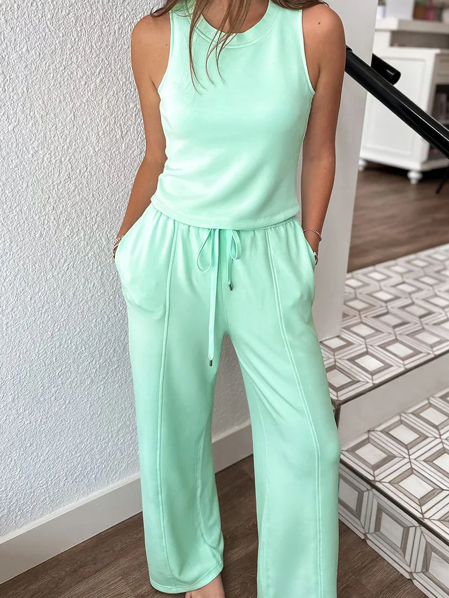 

Summer Women 2 Piece Sets Solid Round Neck Sleeveless Crop Tops Wide Leg Pants Casual Loose Pocket Leisure Sweatpants Outfit
