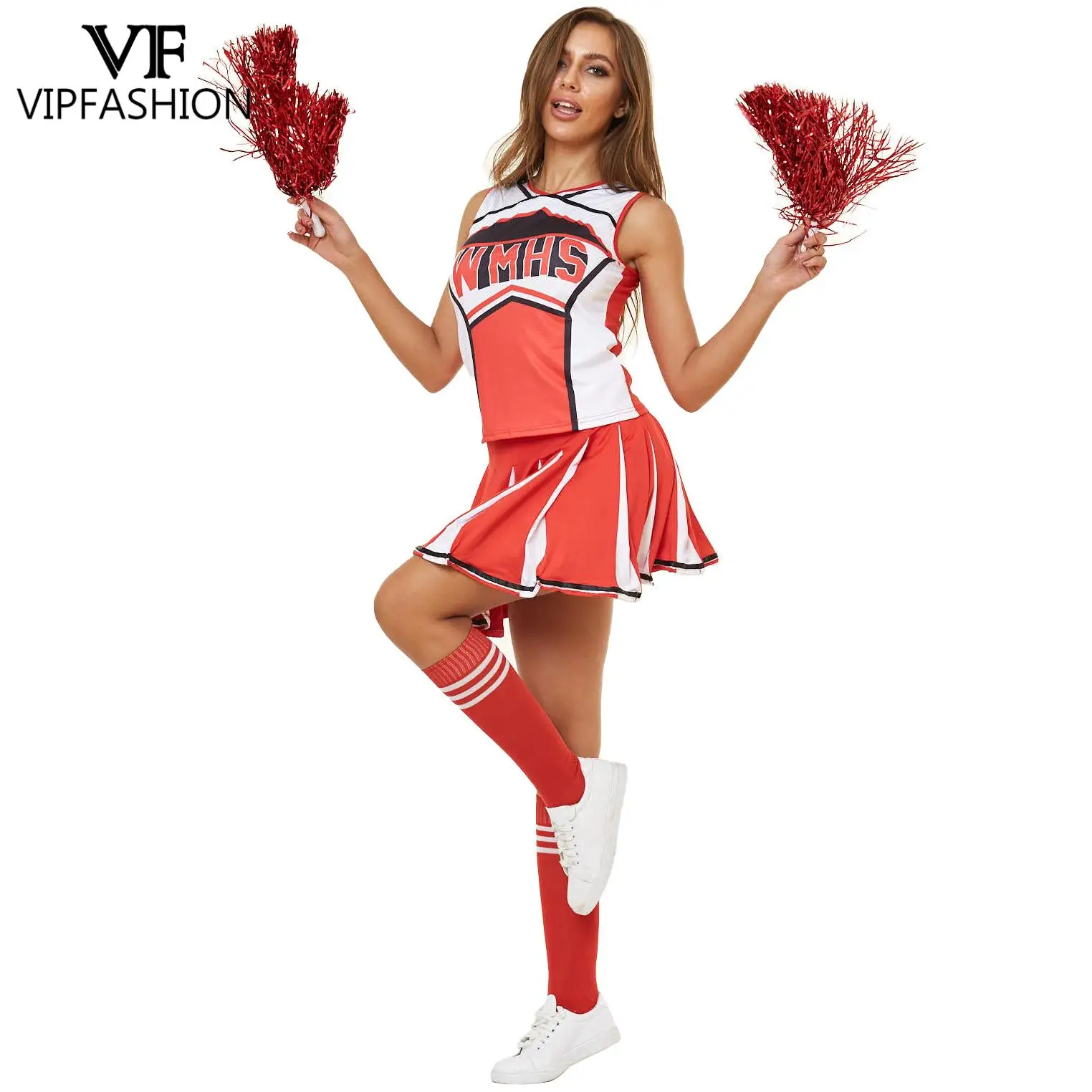 VIP FASHION المرأة WMHS طباعة التشجيع زي مجموعة بلا أكمام أعلى مطوي تنورة أحمر أبيض أداء الحفلات تأثيري الزي #2