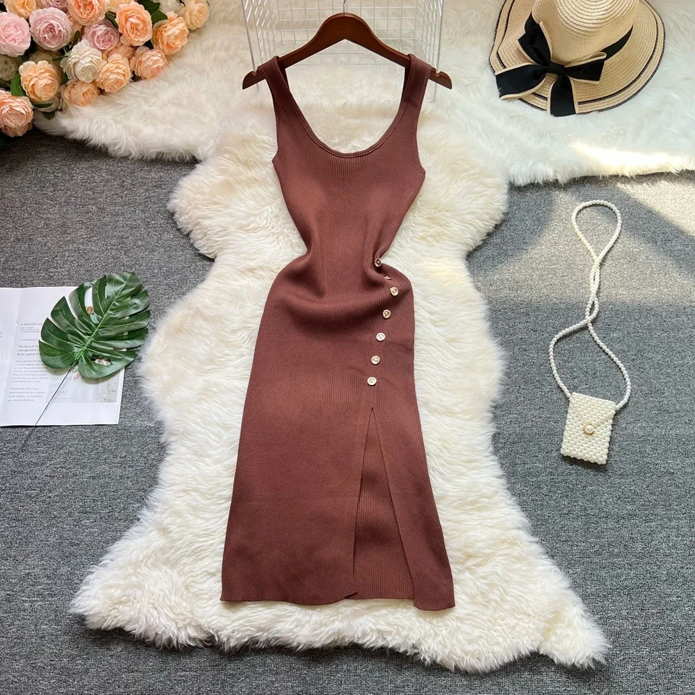 Elegante moda sexy pacchetto fianchi bottoni spaccati abito estivo donna sottile elastico aderente abito dal carro armato streetwear abiti da donna