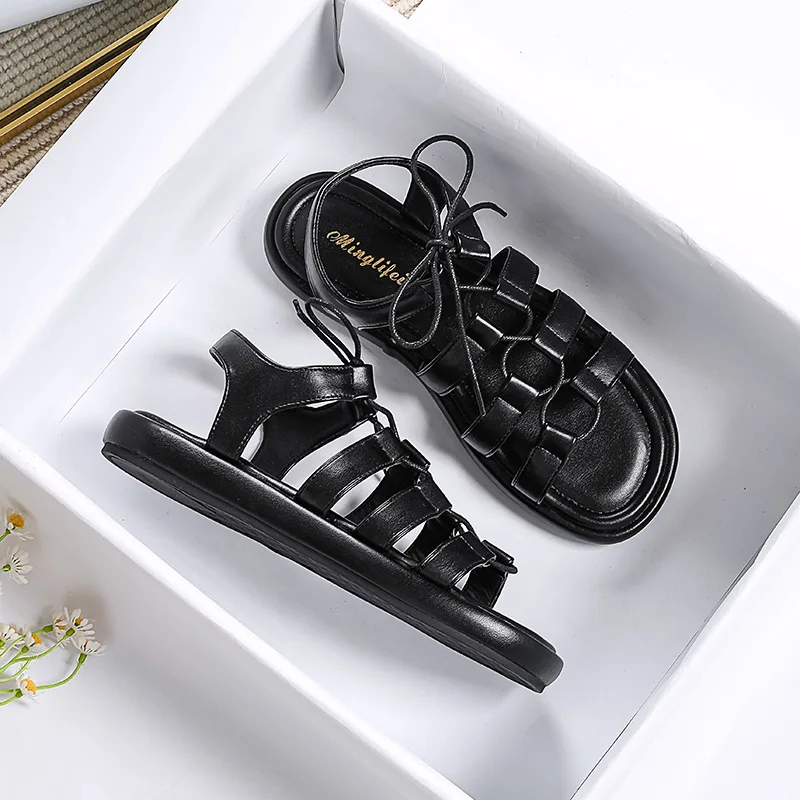 Women Thick-soled Roman Sandals Retro Crossover Strap Flat Base Beach Shoes Big Size Girl Sandal Brown