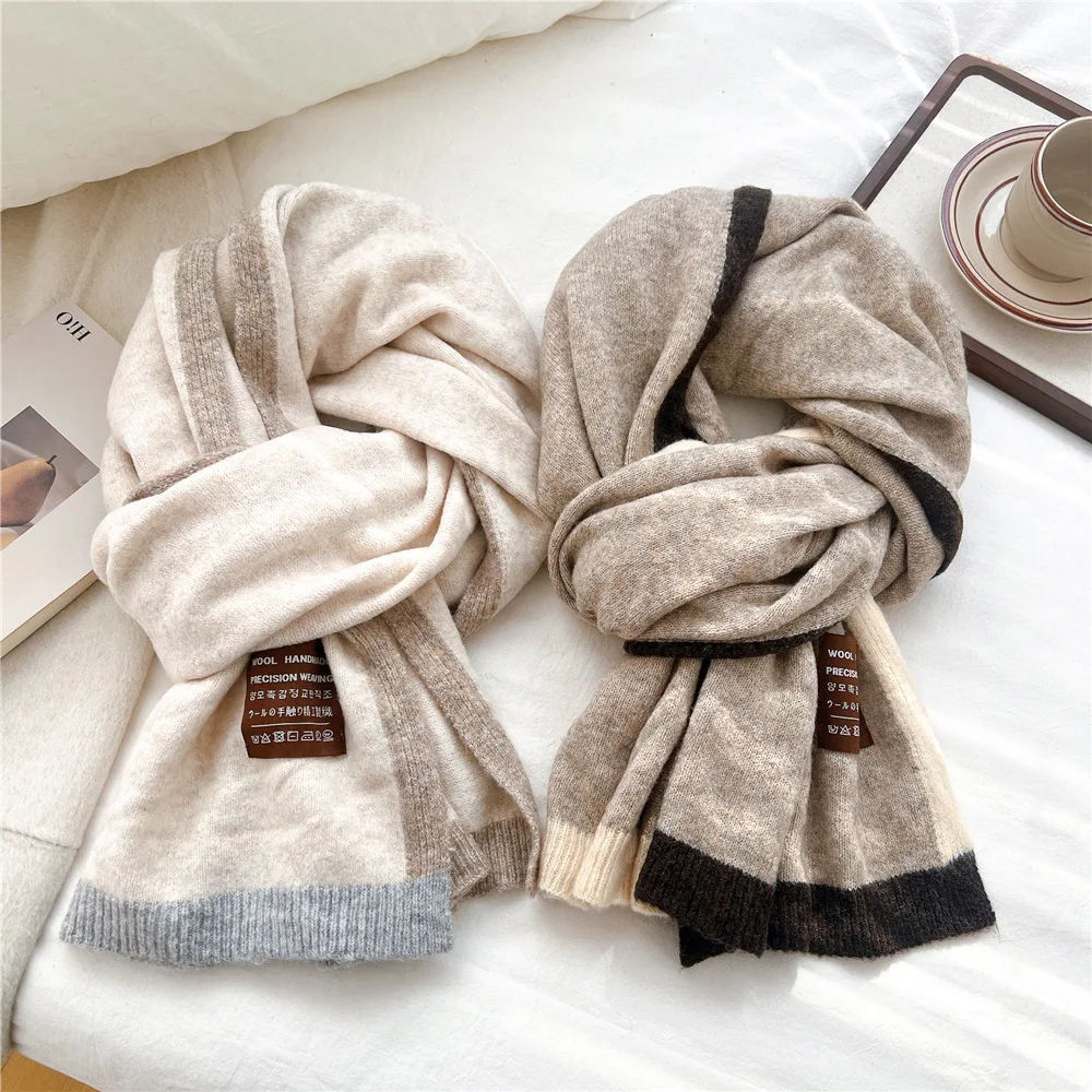 

Двухцветный вязаный широкий шарф с бордюром для женщин, зимняя мода, универсальный и теплый аксессуар для шеи.