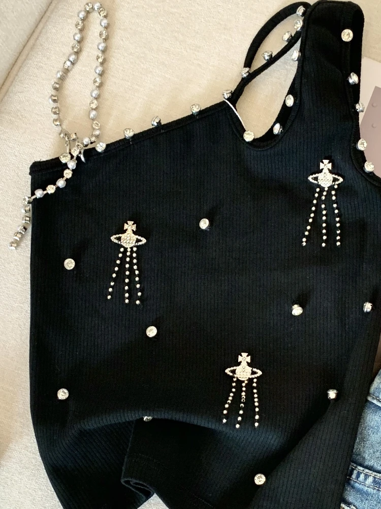 

Стильные сексуальные майки с бриллиантами, жилеты на бретельках для женщин, тонкие вязаные модные шикарные женские укороченные топы без рукавов, лето 2025, трикотажные джемперы