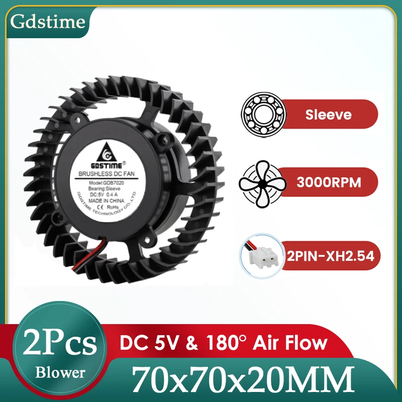 

2PCS Gdstime DC 5V 7020 Centrifuge Radial Cooler 7cm 70mm Brushless Turbo Blower Fan 70x70x20mm for Aromatherapy Machine Cooling