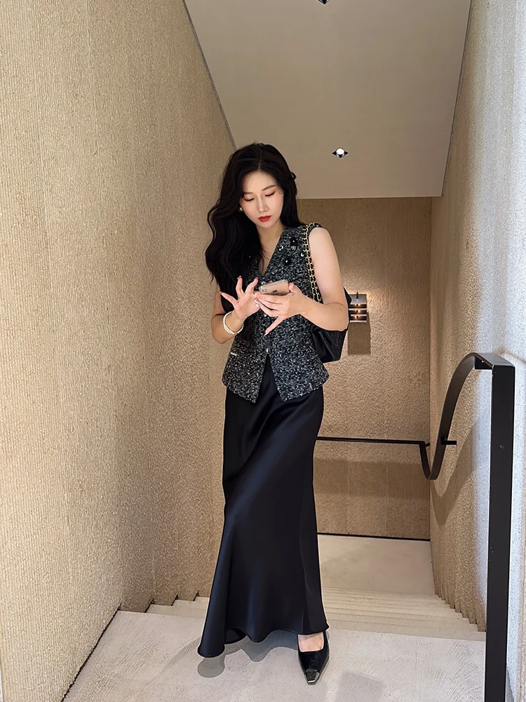 

YANGXIAOJING Юбка с высокой талией и хвостом, атласная ацетатная женская осенняя длинная юбка с запахом, OL Sle, волнистый дизайн для поездок на работу