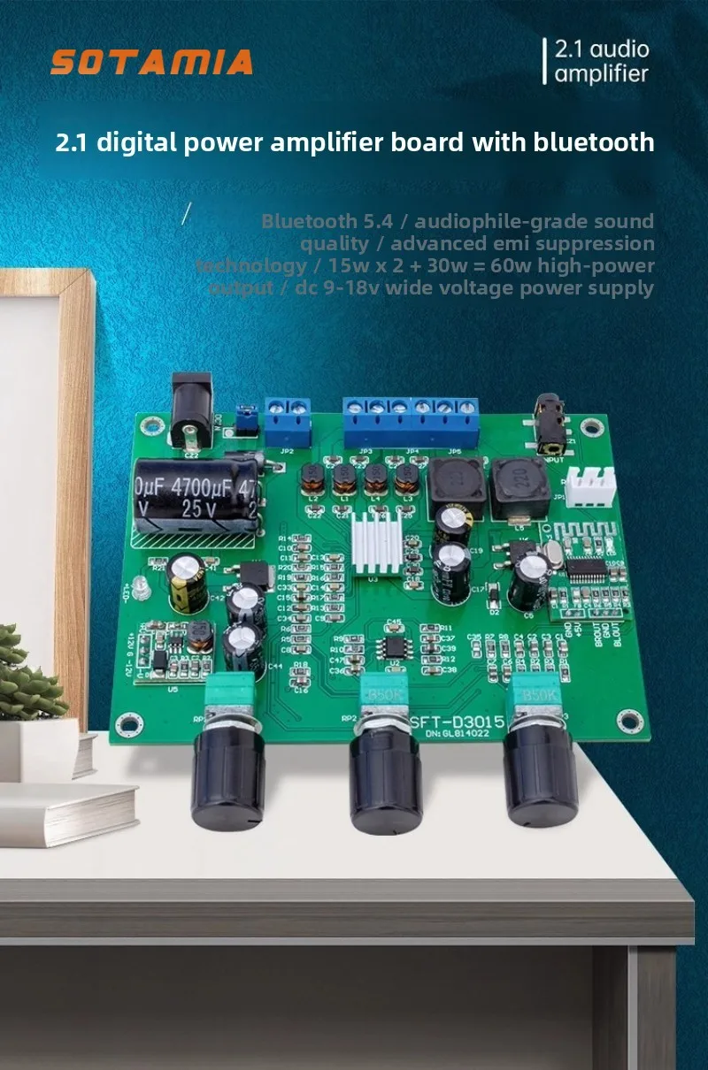 

SOTAMIA 2,1-канальный Bluetooth 5,4 цифровой усилитель мощности, плата высокой мощности 15 Вт * 2 плюс 30 Вт постоянного тока 12 В, гибвуфер, домашний кинотеатр