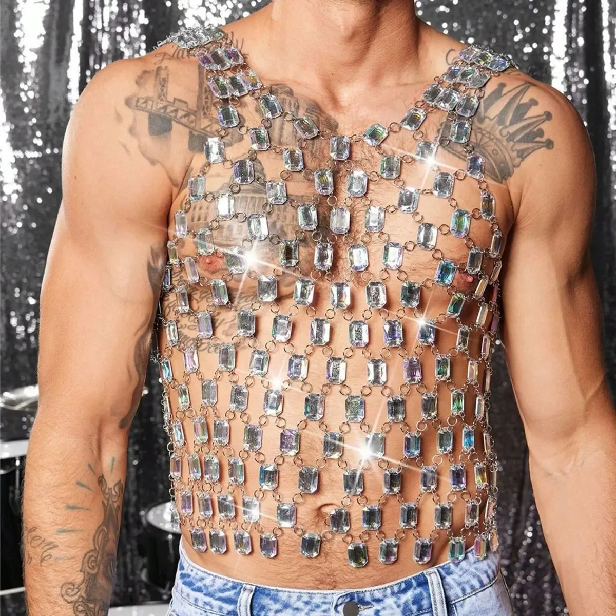 

Sexy Men's Night Outfit Bling Sleeveless Simulated Crystal Diamond Tank Top Slivery Chain Vest Clubwear Man Performance Costumes