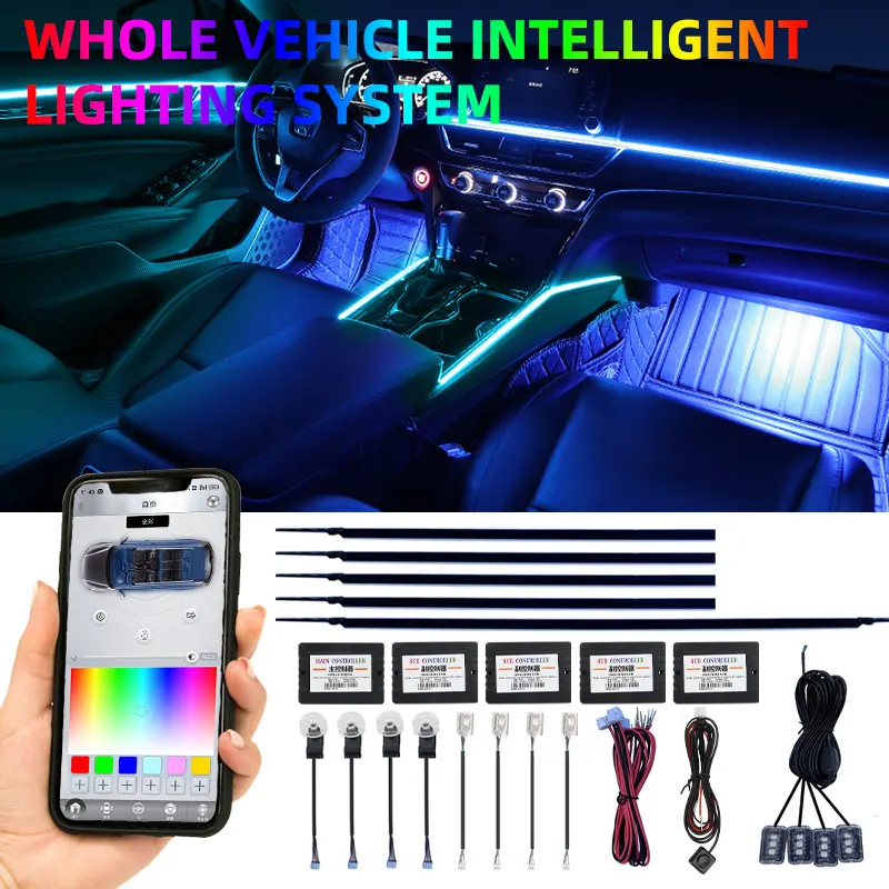 RBG 64 Color Car Ambient Lights Interior Acrylic Strip Light Guide Fiber Optic Interior Decoration Atmosphere Lamp 18In1 LED