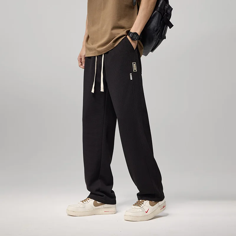 IPPOLICH Spring Autumn Men's Jogger Sweatpants Solid Color Waffle Style Loose Casual Pants Outdoor Sports Travel Straight Pants