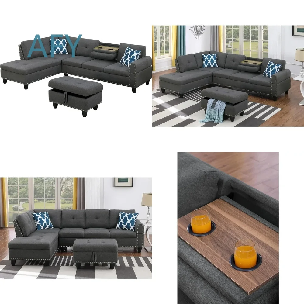 L Shaped 5 Seater Corner Sofa for Living Room with 2 Cup Holders and Storage Footrest Modern Sectional Couch for Home Decor