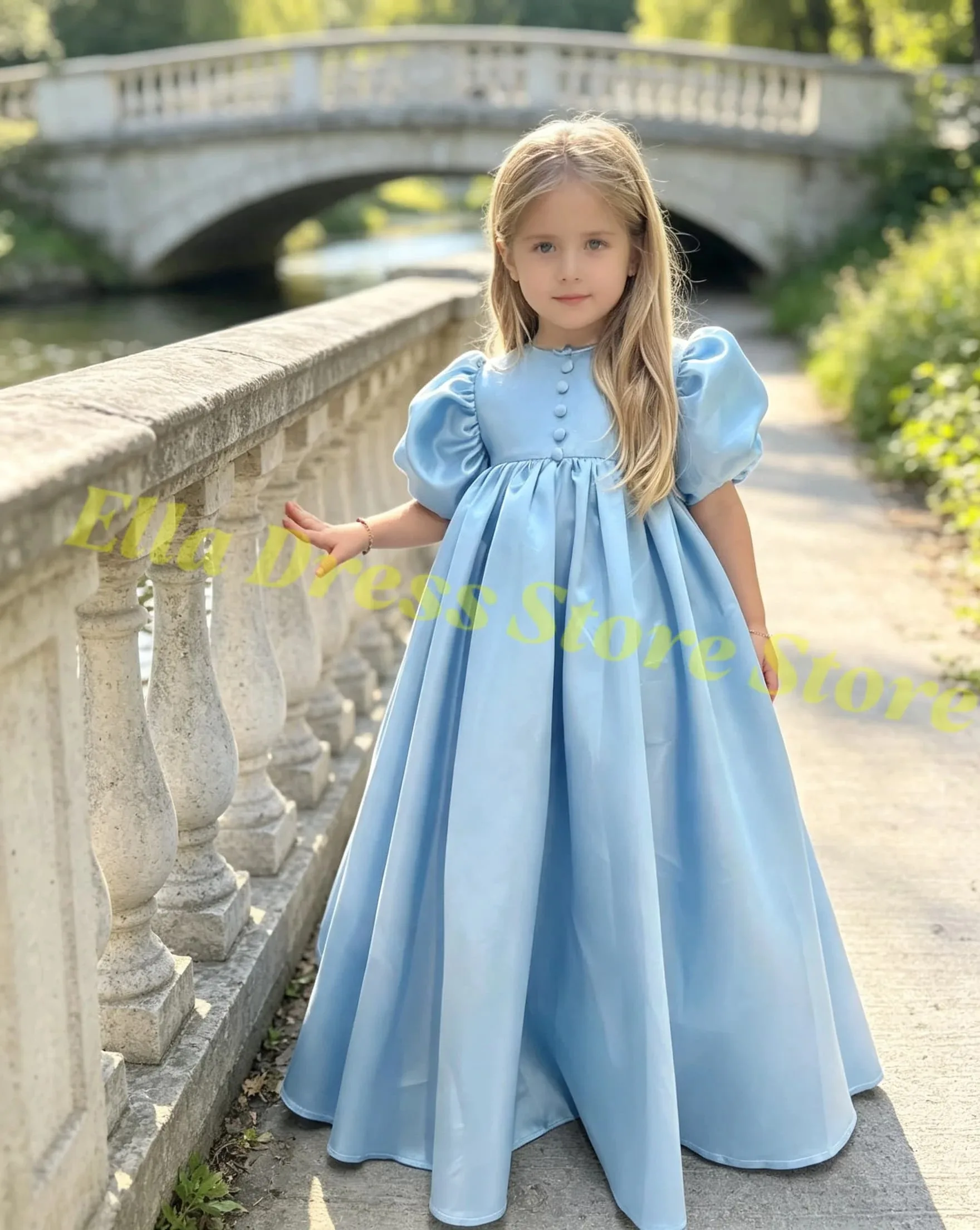 Großhandel Blumenmädchenkleid für kleine Mädchen Vintage Hochgeschnittenes Prinzessinnenkleid mit Puffärmeln Geburtstagskleid Maßgeschneidertes Hochzeitskleid – Detail 1