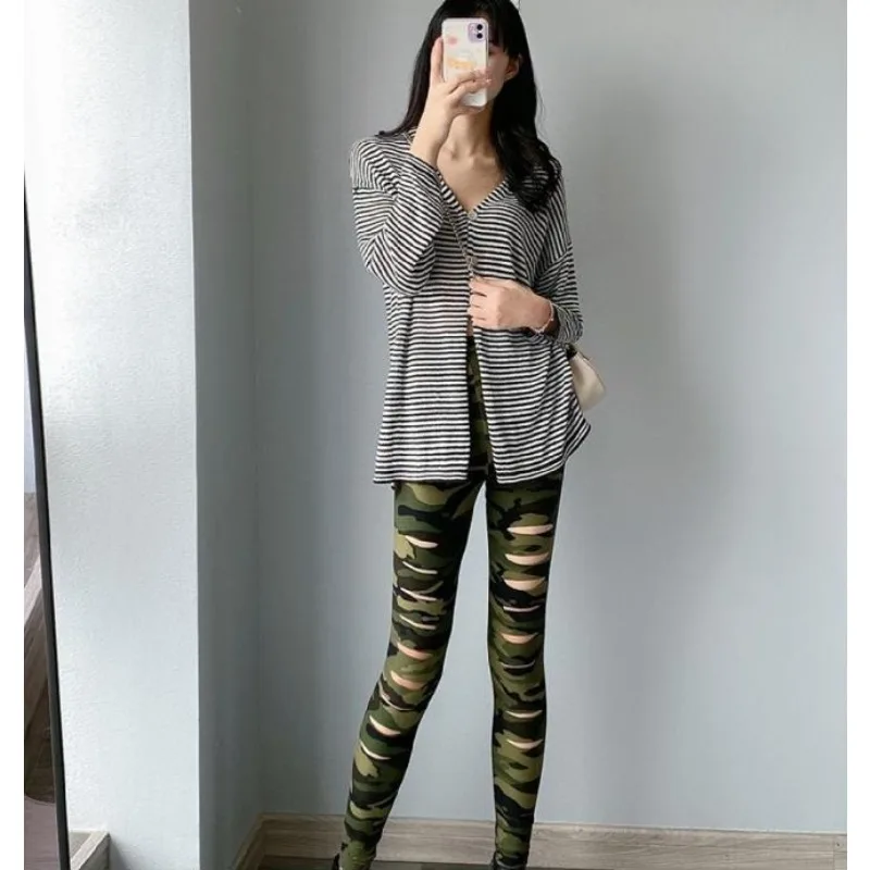 

Summer Thin Fashion Camouflage Perforated Women's Underwear Y2K Trendy Yoga Pants Cycling Elastic Tight Sports Pants