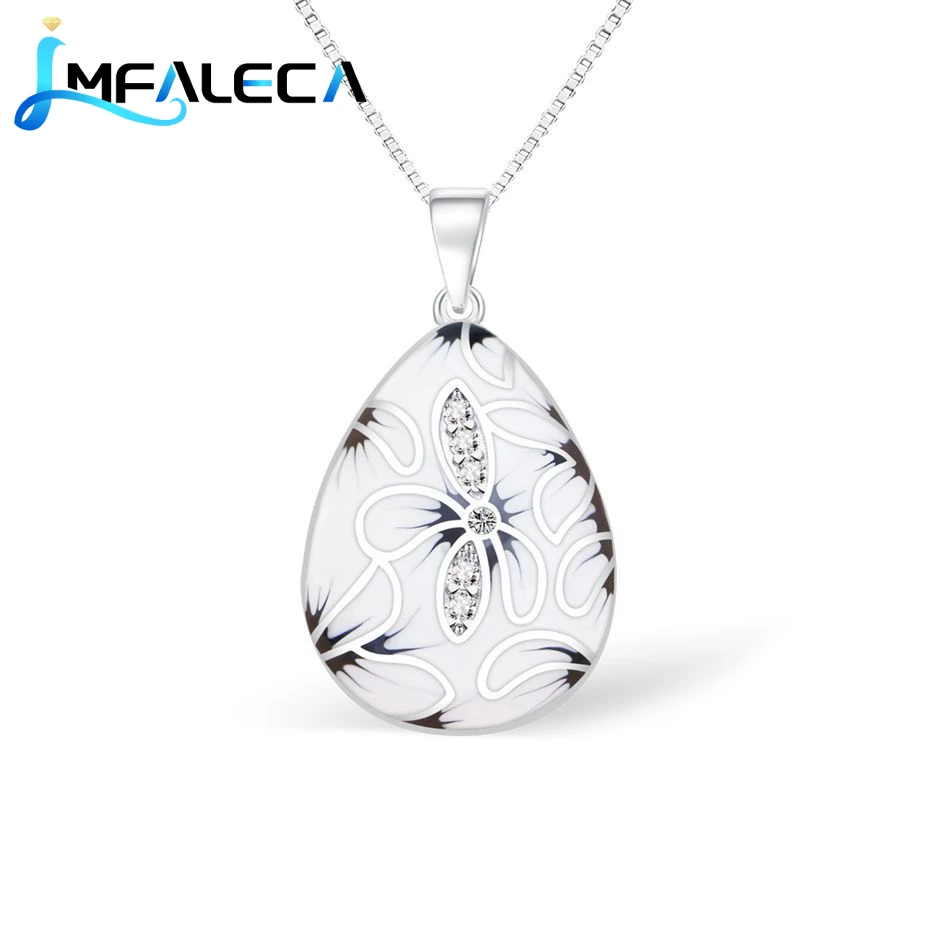 

Pure 925 Silver Jewelry Necklace for Women Luxury White Enamel Pattern Pendant with Stone Box Chain Fine Party Gift