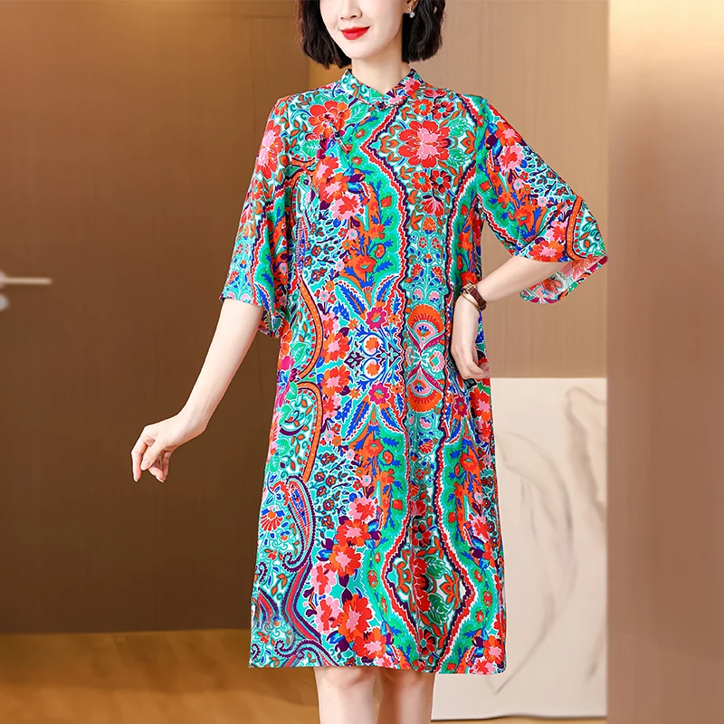 

2024 Spring Summer Print Natural Silk Dress Women Elegant Bodycon Party Evening Vestidos Boho Vintage Loose Midi Dresses