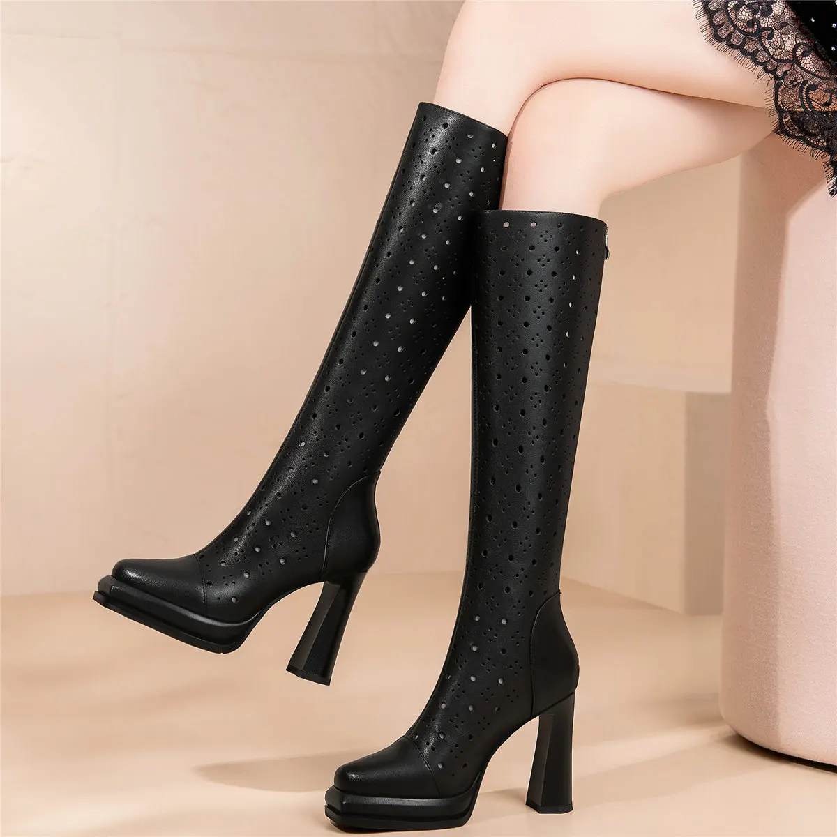 2023 Platform Pumps Shoes Women Hollow Genuine Leather High Heel Knee High Boots Female Round Toe Gladiator Sandals Casual Shoes