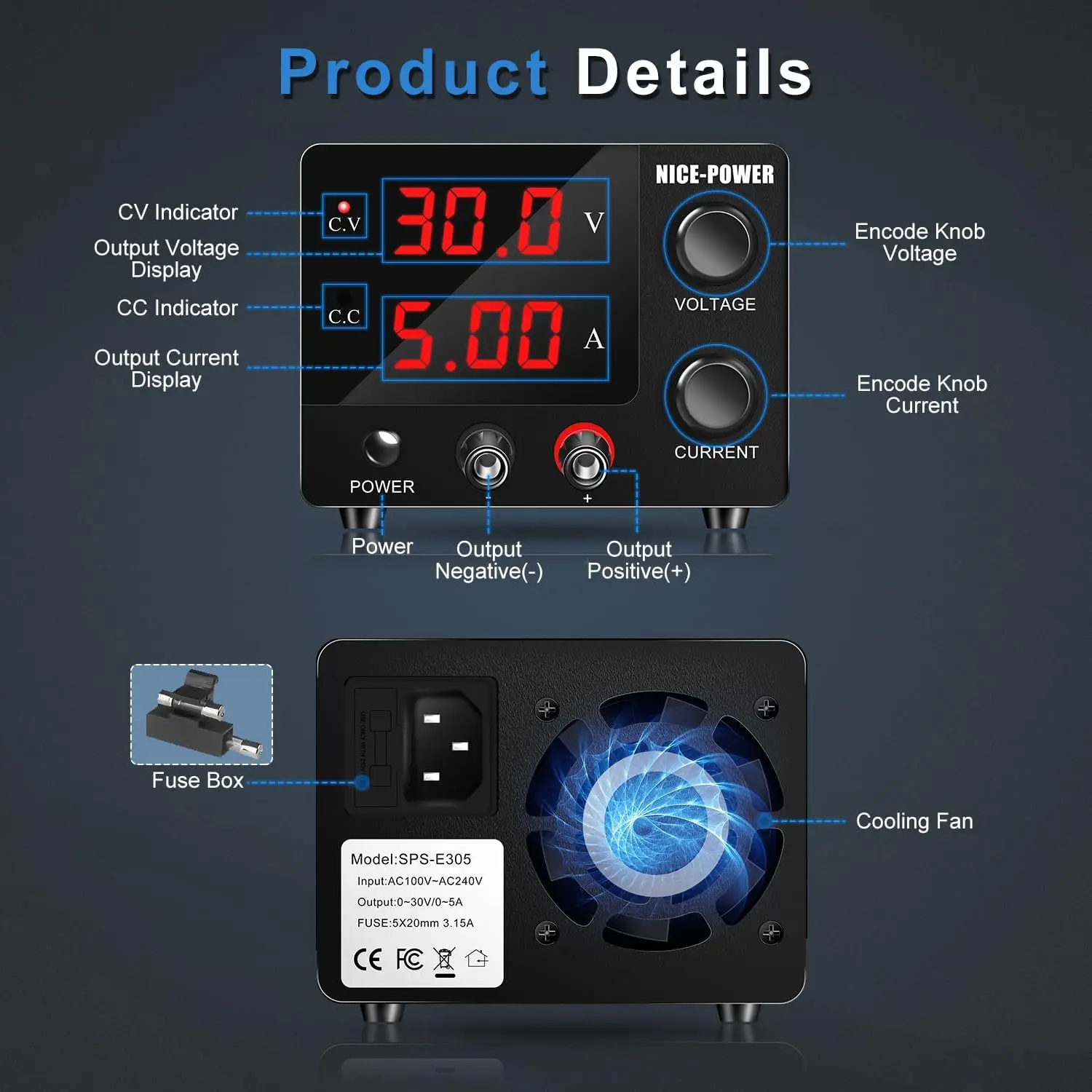 NICE-POWER 30V5A 150W Mini Bench Power Supply With Encoder For Repair Charging Aging Test, Adjustable Source Voltage Regulator