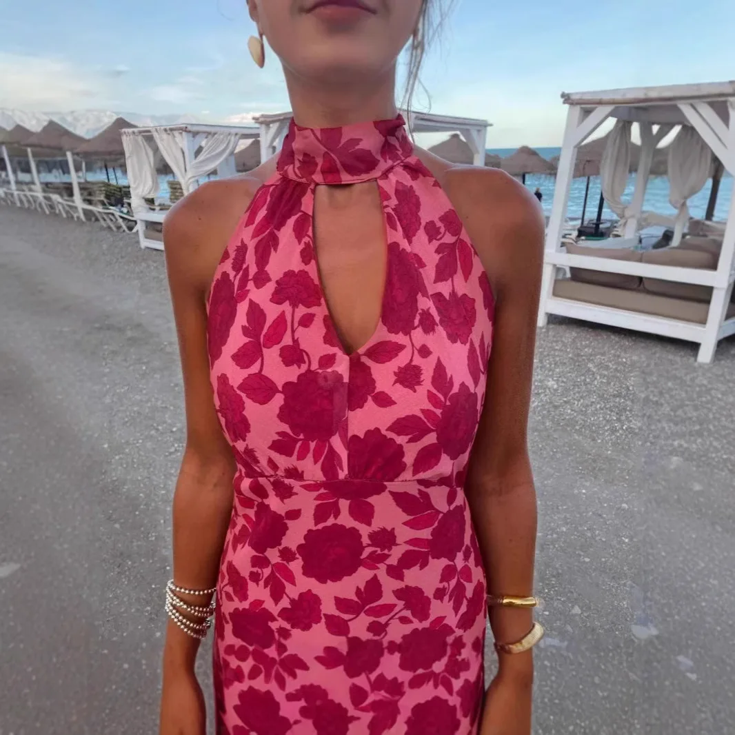 Abito lungo con scollo all'americana con stampa alla moda in stile francese da donna del nuovo arrivo 2025 Abito invernale seducente con scollo a V