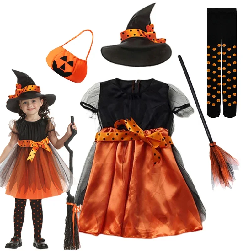 Kurzes Orange-Schwarzes Hexen-Halloween-Kostüm für Mädchen, Komplettset mit Tüllkleid, Hut und Kürbistasche, Kinder-Party-Cosplay – Detail 4