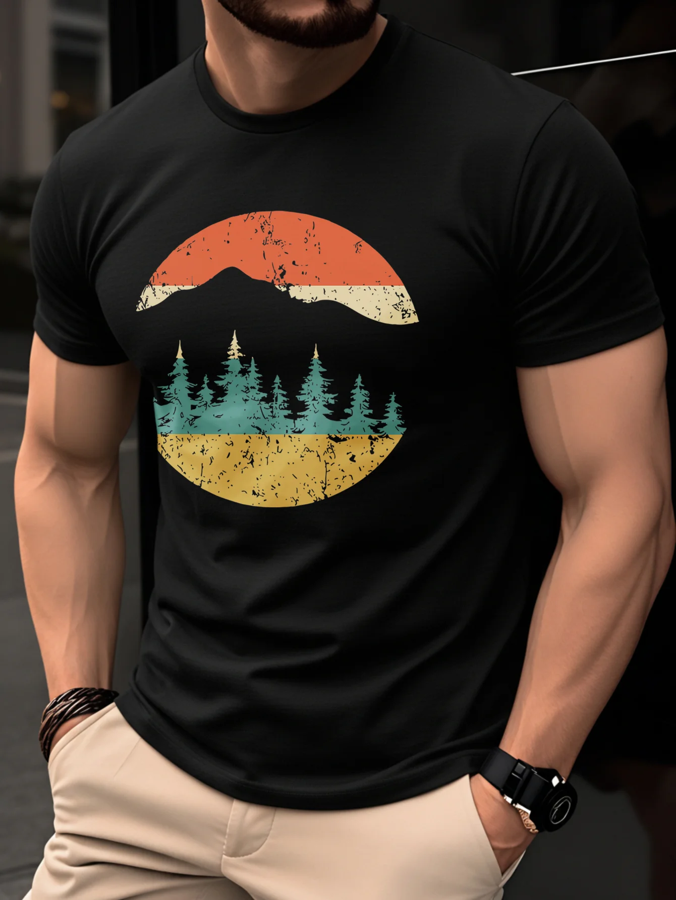 Trendy Summer Essential White Tee with Distressed Forest Sunset Art Made of 100% Cotton Lightweight and Breathable