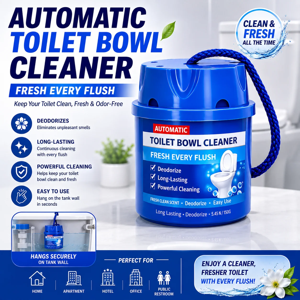 Toilet Bowl Cleaner, Hanging Toilet Freshener, Bathroom Deodorizer Automatic Toilet Cleaner for Home, Office,Apartment and Hotel