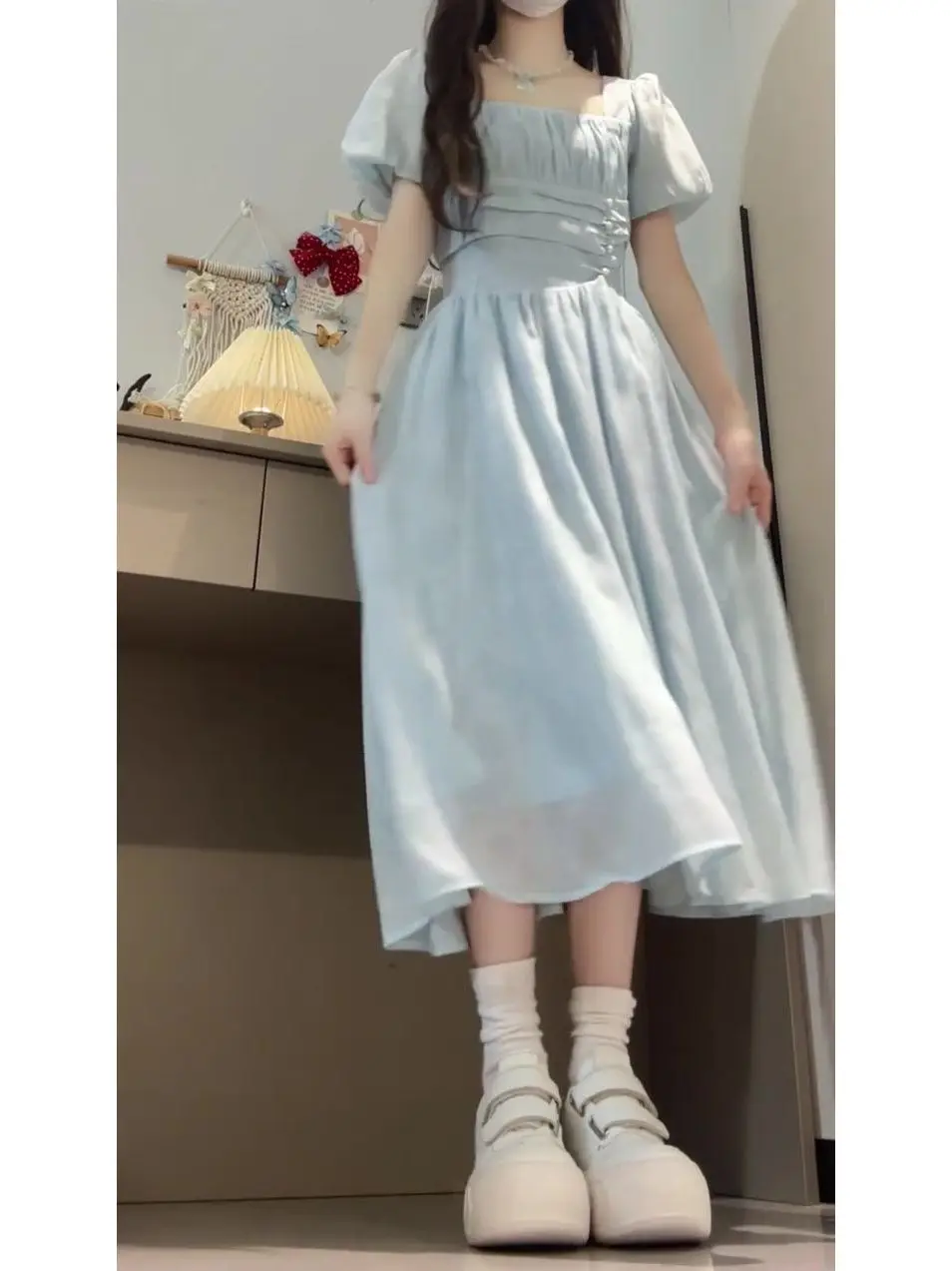 Été doux Fre collège Sle bleu col carré Dr femmes premier amour bulle Sve taille cintré fée a-ligne jupe