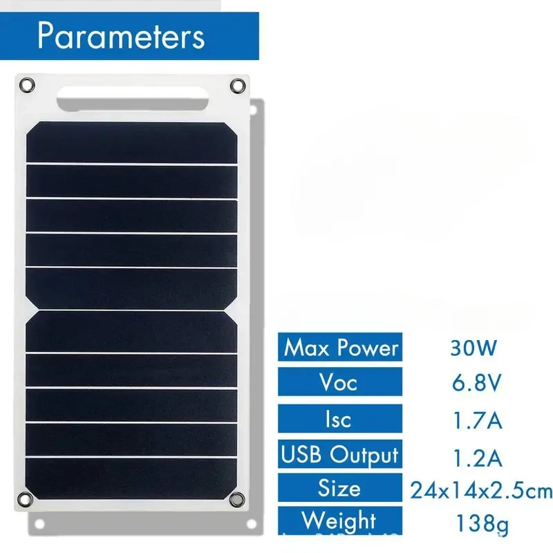 30W Solar Panel With USB Waterproof Outdoor Hiking And Camping Portable Battery Mobile Phone Charging Bank Charging Panel 6.8V