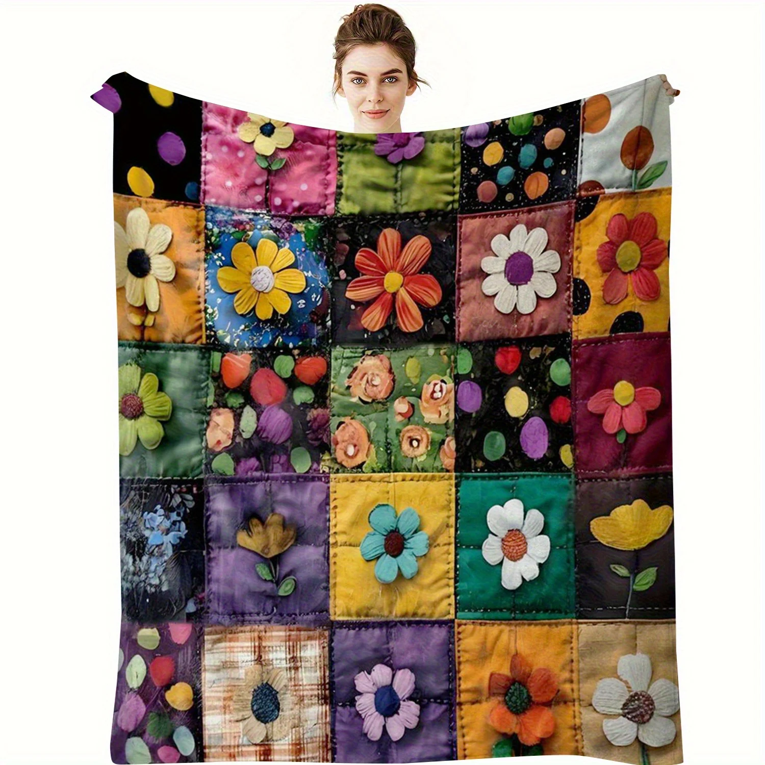1pc Digital Printing Vivid Flower Patchwork Blanket- Handmade Polyester Blanket with Colorful Floral Design, Perfect for Home De