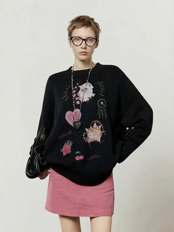 

Розовый вязаный свободный женский свитер, новинка зимы, повседневный трикотаж в винтажном стиле, с длинными рукавами и круглым вырезом