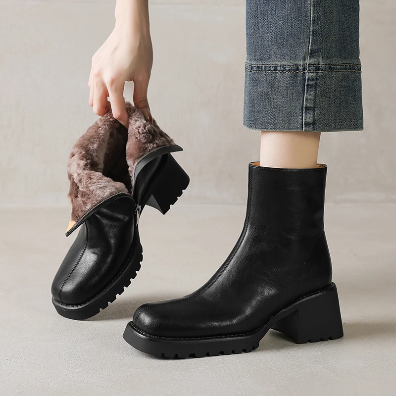 2026 new autumn winter women ankle boots natural leather plus size 22-25cm split leather+wool side zip thick heel short boots