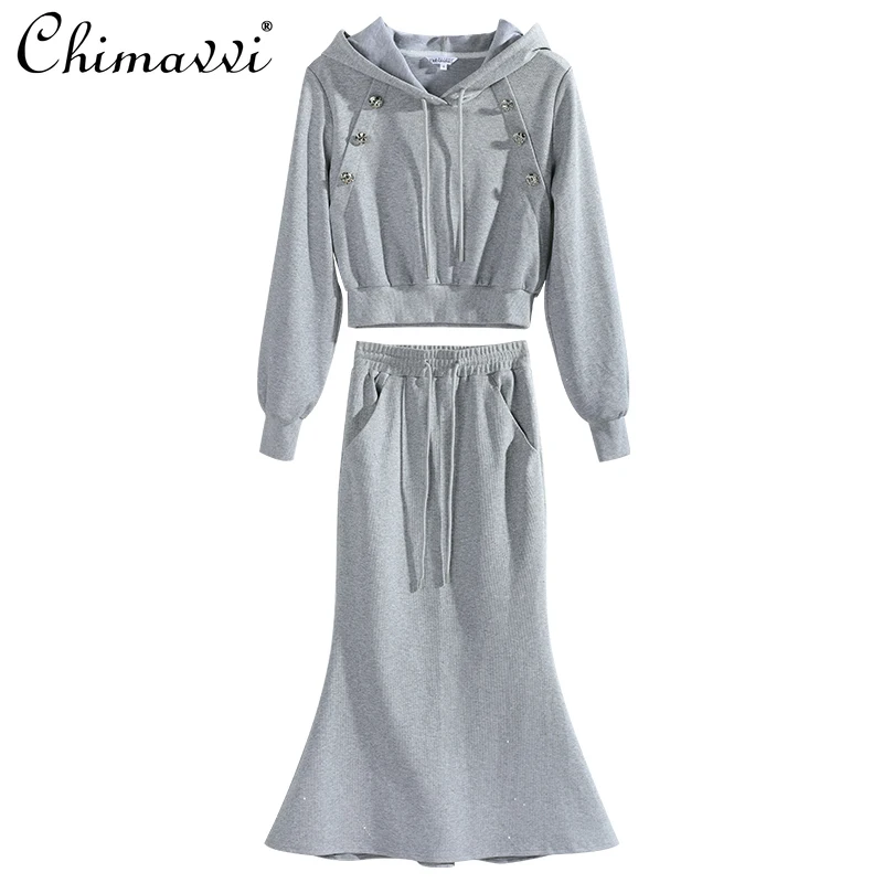 

2024 New Autumn Casual Commuter Hot Diamond Hooded Sweater with Fishtail Dress Suit For Women