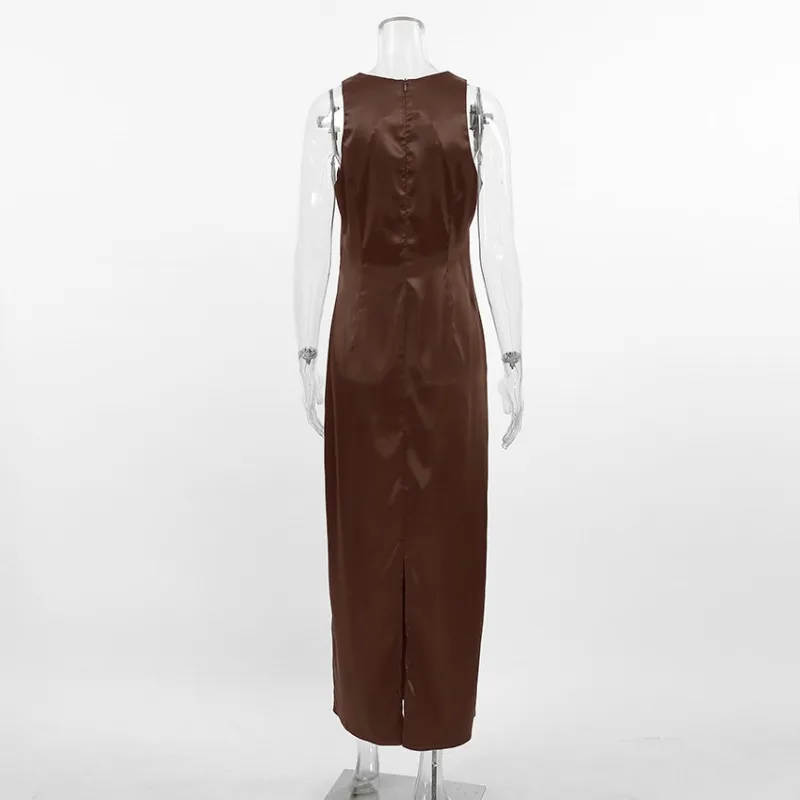 Vestido recto informal de satén para mujer, traje marrón con cuello redondo, temperamento, ropa juvenil, verano, 2024