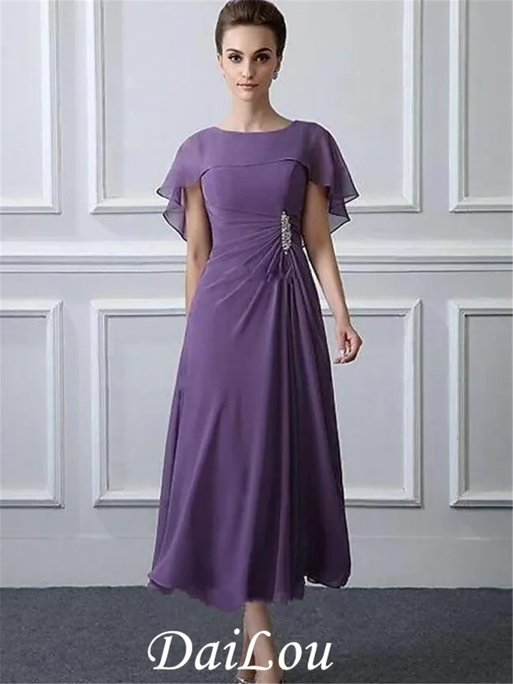 

A-Line Mother of the Bride Dress Plus Size Bateau Neck Tea Length Chiffon Short Sleeve with Ruffles Crystal Brooch Ruching