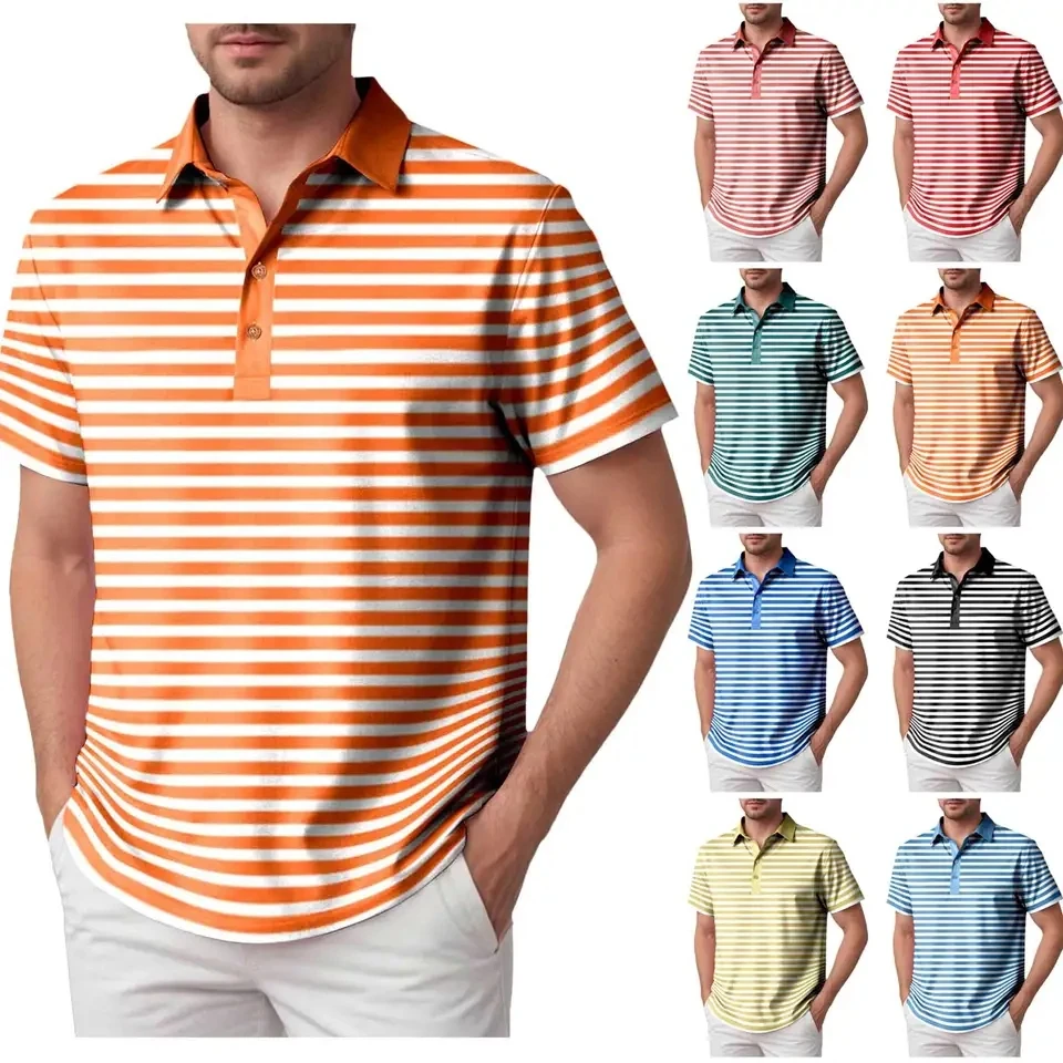 Men's POLO Shirt Fashion Striped Tees Summer New Short Sleeved Buttons Turn-Down Collar T-Shirts Male Casual Tops Men Clothes