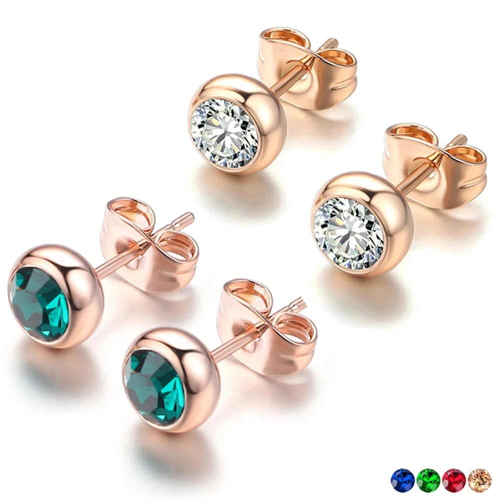 Simple Round Crystal Stud Earring For Women Men Rose Gold Color Multicolor Zirconia Ear Accessories Earing Fashion Jewelry E496