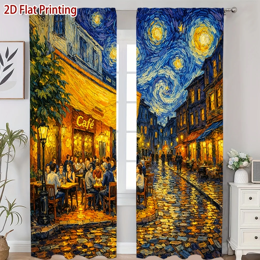 Art Oil Painting Curtain Panels,Impressionist Night City Street Cafe Cobblestone Starry Sky Pattern Drapes Bedroom Home Decor