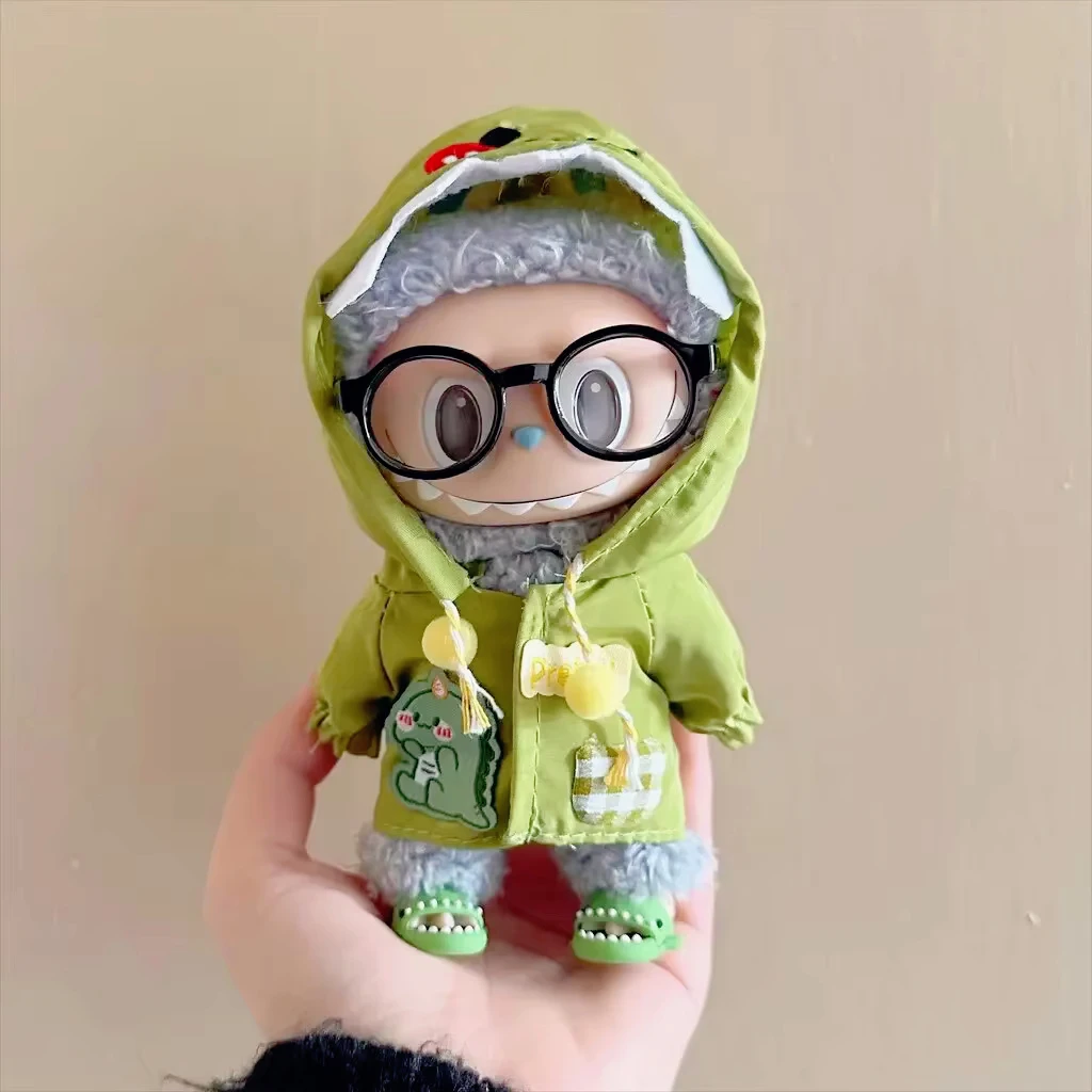 

17cm Labubu V1/V2 Dinosaur Stylish Pendant Doll Clothes Raincoat Outfit with Bear Label Scarf and Hat