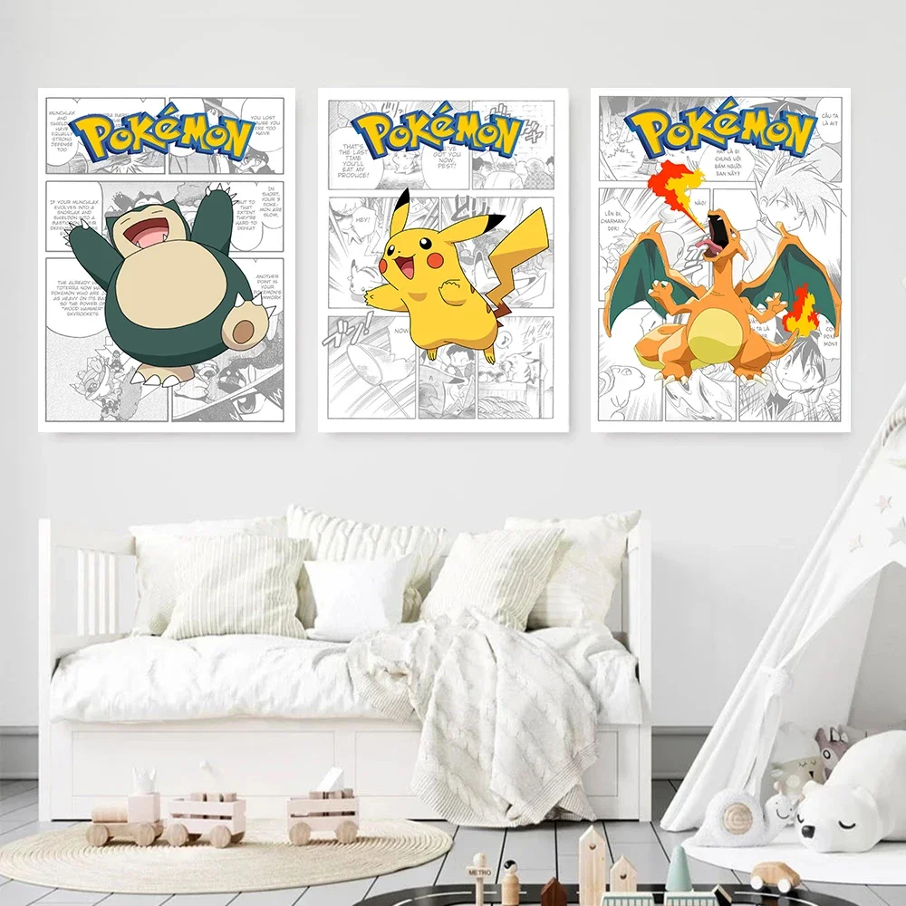 Pokemon Peripherals Posters Pikachu Bulbasaur Charizard Snorlax Canvas Painting Anime Wall Art Prints Kids Room Decor Gifts