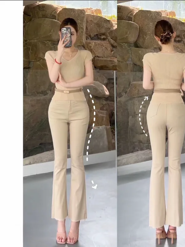 Elastic Bell Bottom Jeans High Waist Cotton Stretch Denim Women's Nine-Piece Trousers Milk Tea Apricot Versatile Summer Simple
