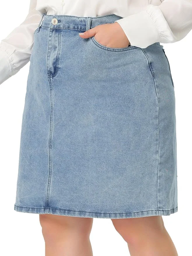 

ZMTUO Women's Denim Skirt Plus Size High Waisted Casual Classic Light Blue Midi Bottoms Skirt