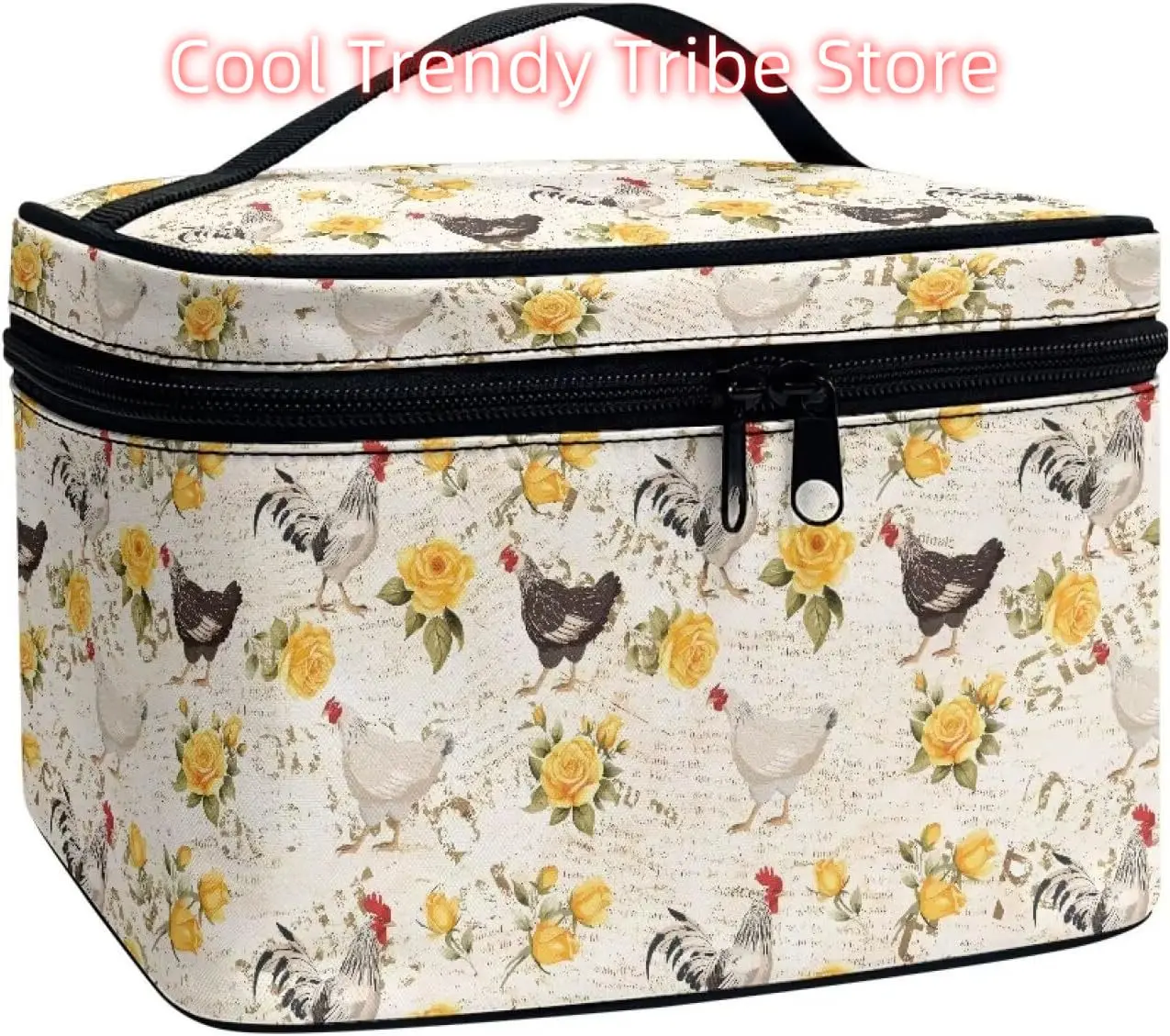 

Chicken Yellow Rose Pattern Travel Makeup Bag for Women Large Capacity Cosmetic Bags with Zipper and Handle Make Up Tote Bags Or
