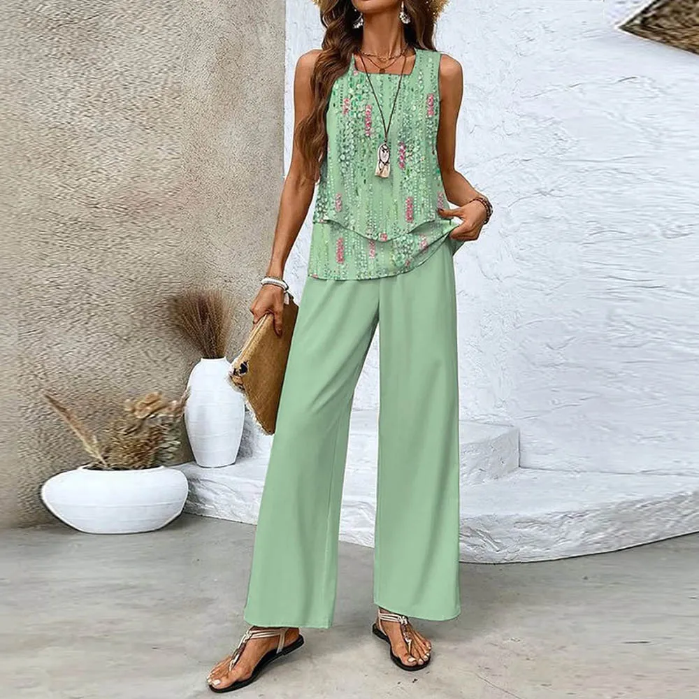 Dwuczęściowy garnitur damski 2024 Summer Stripe Sleeveless Pullove Top and Wide Leg Pants Outfits Fashion Mujer Square Collar Sets