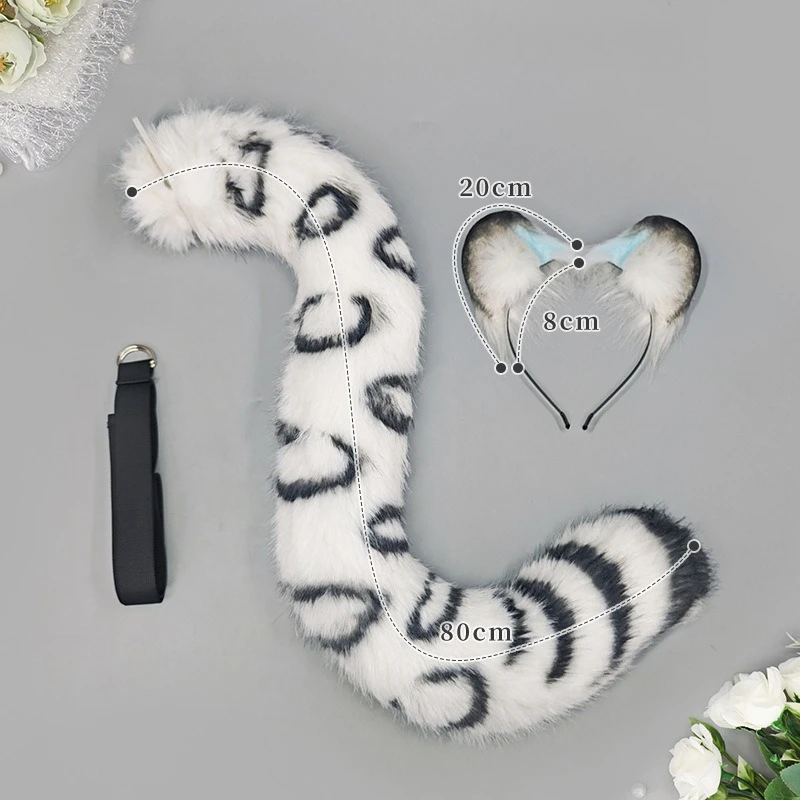 New Hot Game Snow Leopard Furry Ears Headband Handmade Cute Plush Exhibition Tail Set Night Party Cosplay Props