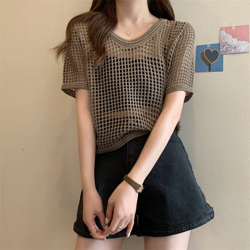 ABRINI Women Chic Short Sleeved Knit T-shirt Casual Beach Slim Tops O-Neck Sexy Hollow Out Knitting Shirt For Women 2023 Summer