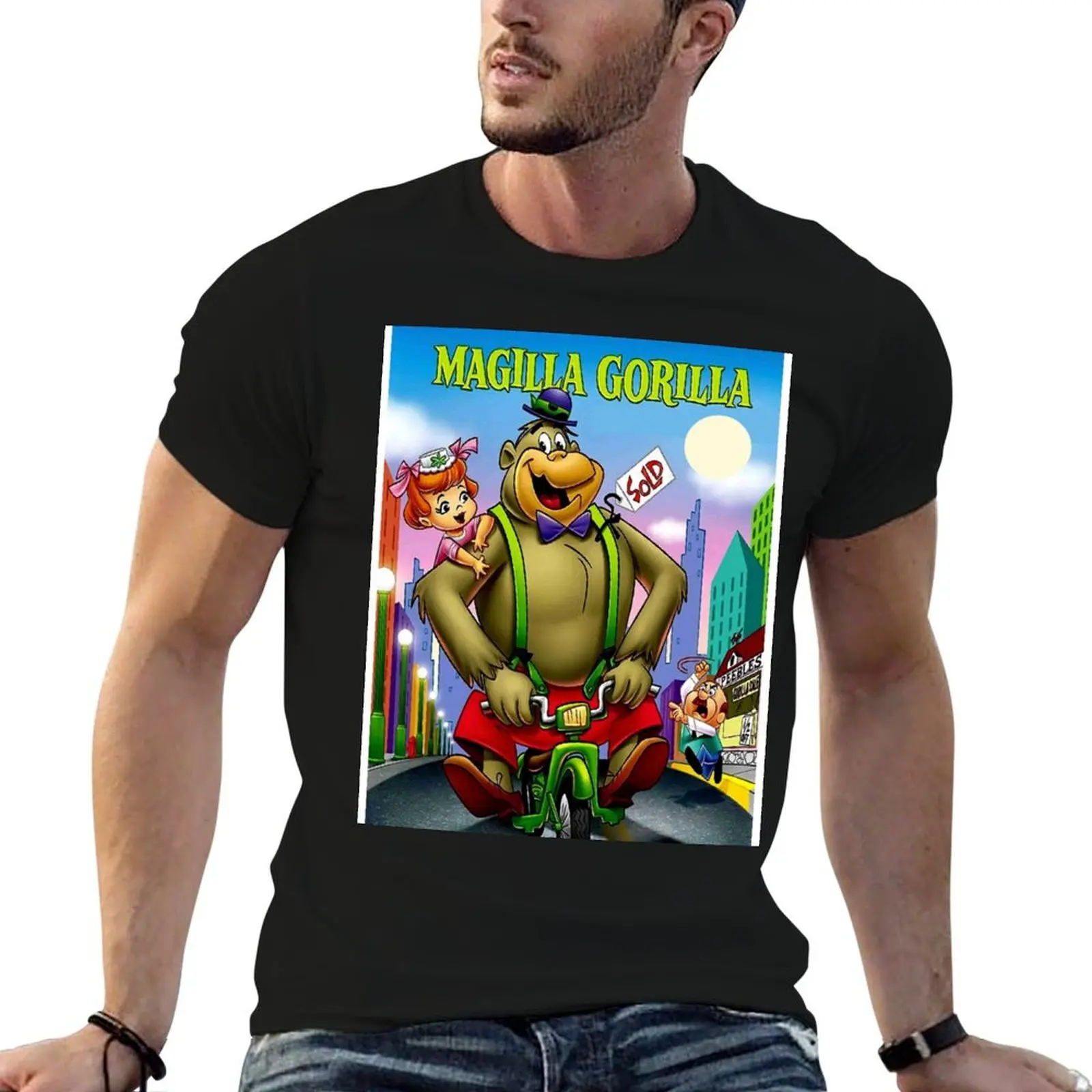 

MAGILLA GORILLA : Vintage Cartoon Abstract Character on a Motorcycle Print T-Shirt blanks anime t shirts Short sleeve tee men