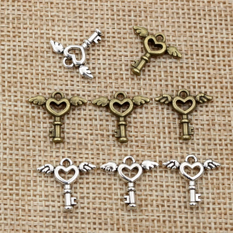 50pcs Charms Wing Fly Key 15x14mm Antique Bronze Silver Color Pendants Making DIY Handmade Jewelry Factory Wholesale