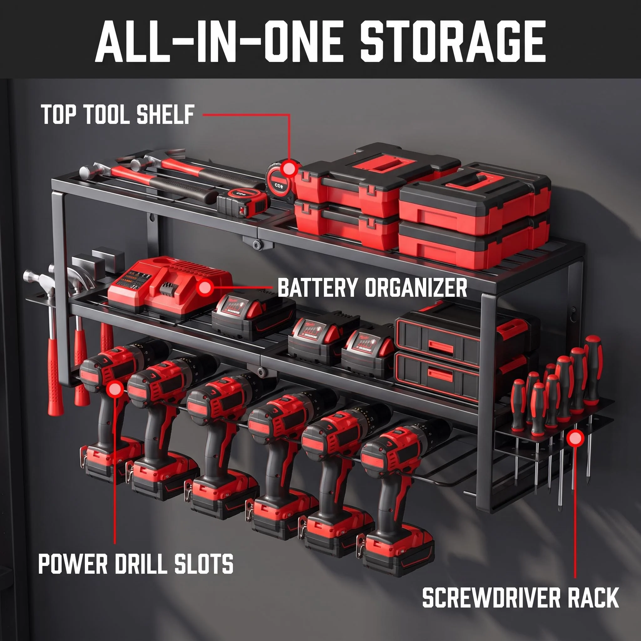 Heavy Duty Wall Mount Power Tool Organizer Cordless Drill Hanger Storage Rack Battery Holder Charging Station Garage Shelf