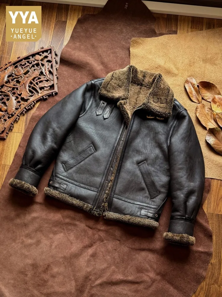 Plus Size 6XL Winter Mens Real Fur Jacket Natural Shearling Genuine Leather Warm Wool Lining Coat Vintage Moto Biker Overcoat