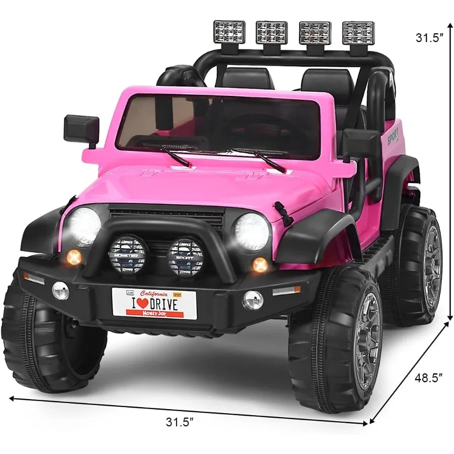 2-Sitzer-Fahrt auf LKW, 12 V, Geländewagen mit Fernbedienung, langsamer Start, Federung, LED-Leuchten, Musik, 3 Geschwindigkeiten, Teig