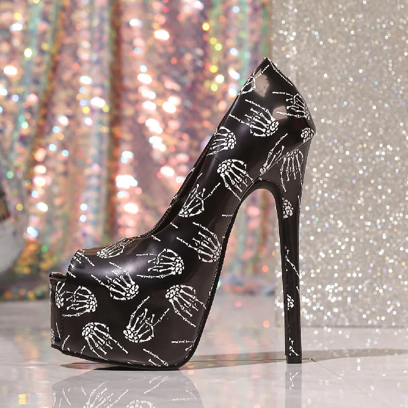 Women's Black Patent Skeleton Hand Print Peep Toe Platform Heels,Super High Stiletto Gothic Halloween Party Footwear,DropShippin