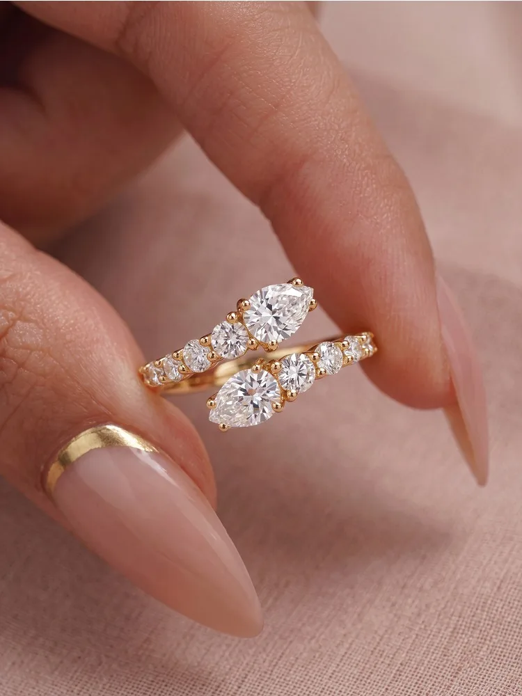 925 Sterling Silver Designed Pear Shaped Zircon Half Eternity Open Ring For Women Engagement Wedding High Quality Fine Jewelry