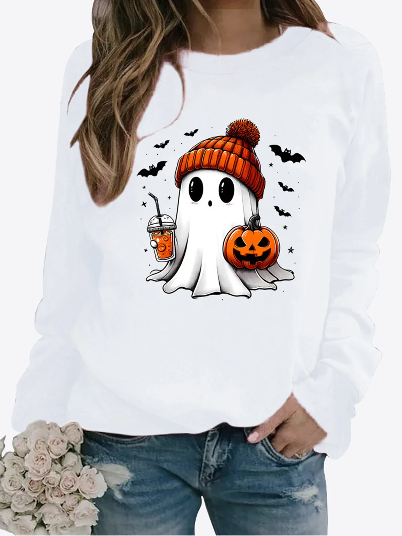 

Women's Autumn Winter 2025 T-Shirts Cozy Holiday Pumpkin Ghost Print Long Sleeve Round Neck T-Shirts